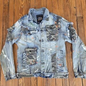 Copper Rivet Distressed Denim Jacket With Camo And Paint Splatter